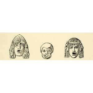  Wood Engraving Marble Mask Pompeii Italy Italia Tragic Comedy Drama 