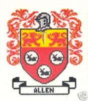 Coat of Arms ALLEN Cross Stitch Chart Irish Geneology  