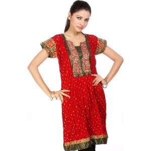 Maroon Bandhani Tie Dye Kurti from Gujarat with Applique Work   Pure 