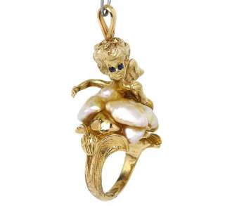 LOVELY VINTAGE 14K YELLOW GOLD, PEARLS & SAPPHIRES ANGEL RING
