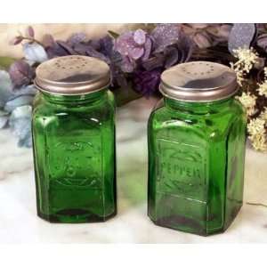 Green Glass Salt and Pepper Shakers Depression Style  