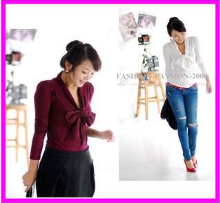   Knot Elegant Ladys Casual Tops Blouse Charming Wine Red White S M 339