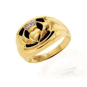   Gold and Black Onyx Mens Diamond Claddagh Ring (.015 ct.), Size 10.5