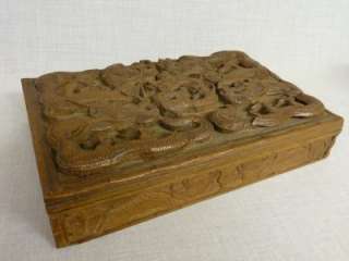   ANTIQUE SUPERBLY CARVED WOOD CHINESE DRAGON JEWELLERY CIGAR BOX  