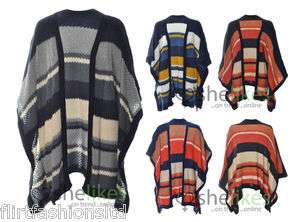   Poncho Oversized Cape Cardigan Top Ladies Stripe Knitted Jumper