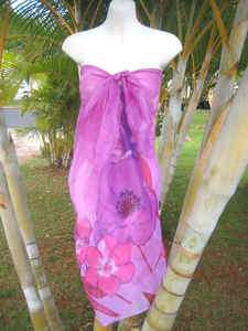 Sheer Sarong PURPLE W/ PINK FLORAL Hawaii Beach Skirt Coverup Cruise 