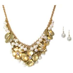  Just Give Me Jewels Goldtone and Pearl Flower Bib Necklace 