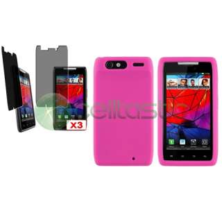 Hot Pink Silicone Skin Case+3x Privacy Screen Protector for Motorola 