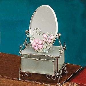   Butterfly with Mirror Pink Frosted Glass Jewelry Box