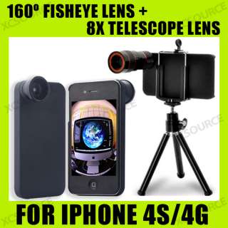 Fish eye Lens + 8x Zoom Telescope Lens + Tripod + Case For iPhone 4 4G 