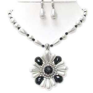 Black Crystal and Faux Pearl Flower Pendant Necklace and Earrings Set