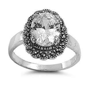   Engagement Ring Clear CZ, Swiss Marcasite Solitare Ring 16MM ( Size 5