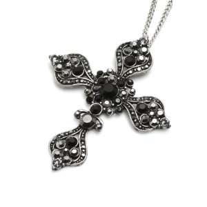 Charm & Rock Crystal Cross Necklace in Antique Silver, Black Crystals 