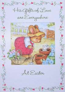 Bunny Rabbit Mouse Garden Flower Pots Happy Easter Card  