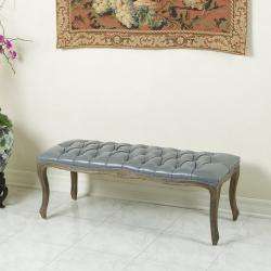 Tufted Grey Leather Bench with Weathered Oak Frame  
