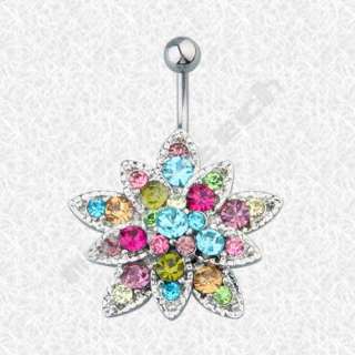 Flower Crystal Rhinestone Belly Navel Button Bar Ring  
