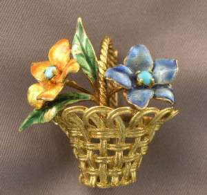 Vintage 18K Italian Gold & Enamel Flower Basket Pin 50s  