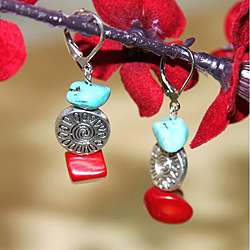 Silverplated Deep Sea Dive Turquoise and Red Coral Earrings 