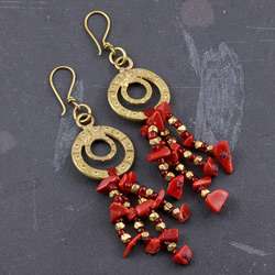 Dhokra Brass and Red Stone Dangle Earrings (India)  