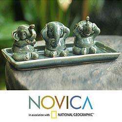 Set of 3 Celadon Ceramic Elephant Lessons Sculptures (Thailand 
