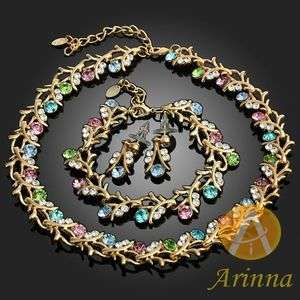   New Colorful branch Necklace Earrings Chain Set GP Swarovski Crystal