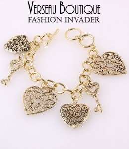 NEW Antique Silver Tone Heart & Key Charm Bracelet  