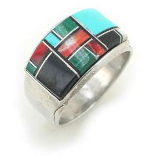 Mens Antiqued Sterling Silver Multicolor Inlay Ring s10  