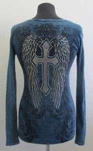 VOCAL Tee T Shirt Top Blue Black Cross Wings Bling NEW  