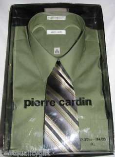 PIERRE CARDIN OLIVE GREEN DRESS SHIRT+TIE L+XL NEW+BOX  