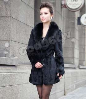   Genuine Rabbit Fur Fox Collar Long Coat Jacket Outwear Vintage Women