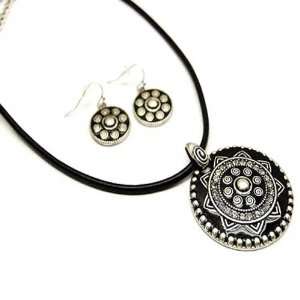   Black Cord with Black Textured Metal Medallion Necklace Set Jewelry