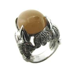  Yellow Jade Cabochon Bell Flower Ring with CZ Accents, 925 