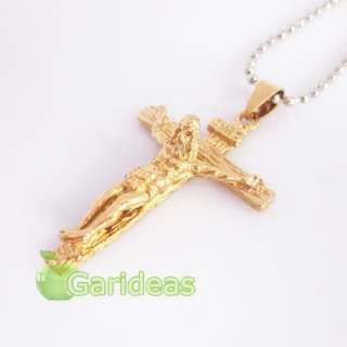 Mens Stainless Steel Gold Jesus Cross Chain Pendant Necklace Cool 