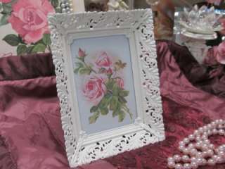 WHITE LACY METAL VINTAGE FRAME with ROSE PICTURE~Shabby~Cottage~Chic 