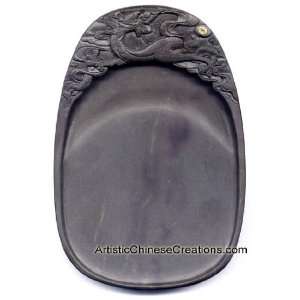   Stones Carved Chinese Duan Ink Stone in Wooden Case   Dragon 
