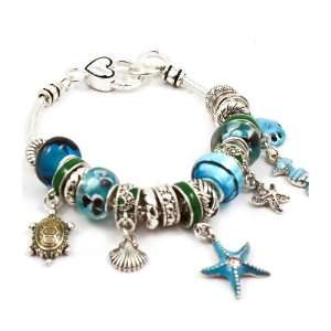 Pandora Style Bracelet ~ Turquoise Murano Glass Beads Ornate Silver 