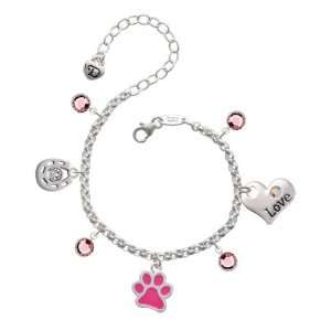   Hot Pink Paw Love & Luck Charm Bracelet with Light Rose Sw Jewelry
