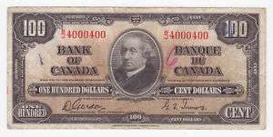 1937 BANK OF CANADA $ 100 ONE HUNDRED REPEATER 2 DIGITS  