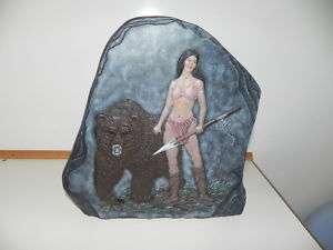 Hand Painted Ceramic; Woman with bear on Rock  