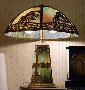 Antique Victorian Table Lamp Blue Purple Stain Glass Ornate Cage 