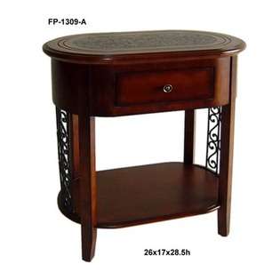   Oval Wooden Table with One Drawer and Curved Metal Accent 