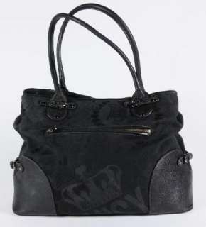 Juicy Couture Black Canvas Leather Tote Handbag Hearts Crown Hang Tag 