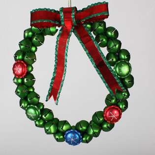   Christmas Brights Green Jingle Bell Wreath with Red Bow 