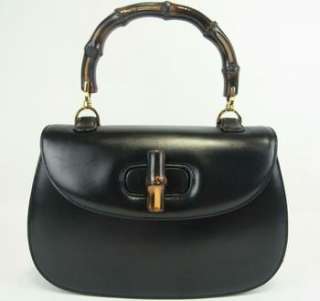   GUCCI BAMBOO HANDLE BLACK LEATHER EVENING HAND BAG PURSE MADE IN ITALY