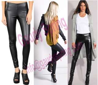 FANCY Faux Leather Look LEGGINGS Pants TIGHTS Full Length Matt Black 