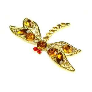 Yellow Topaz Austrian Rhinestone Dragonfly Gold Tone Brooch Pin