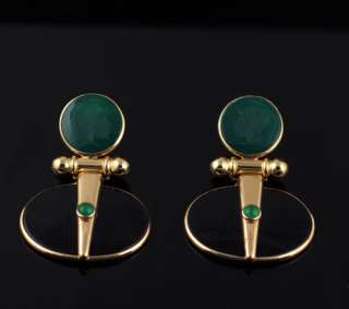 Estate 14k Gold Intaglio Green Onyx Earrings  