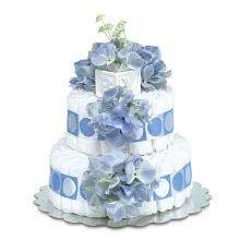 Bloomers Baby Diaper Cake Classic Blue Hydrangeas with Blue Circles 