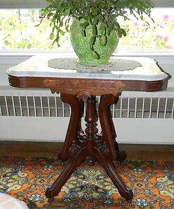   Antique Victorian Decorative Carved Walnut Marble Top Lamp Table