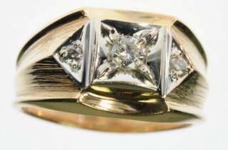MENS 14K SOLID YELLOW GOLD DIAMOND 3 THREE STONE BAND ESTATE RING 